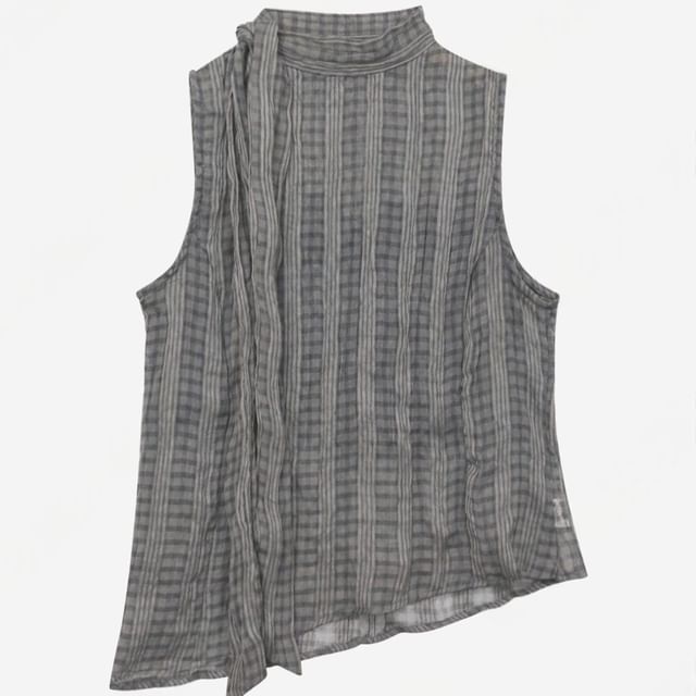 Sleeveless Mock Neck Plaid Asymmetrical Tie-Up Top