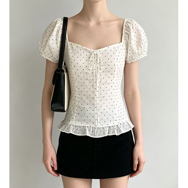 Puff Sleeve Square-Neck Polka Dot Ruffled Hem Slim-Fit Blouse