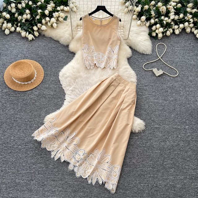 Set: Sleeveless Flower Embroidered Blouse & High Waist Midi A-Line Skirt
