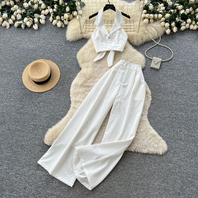 Set: Collar Cropped Halter Top & High Waist Wide Leg Pants