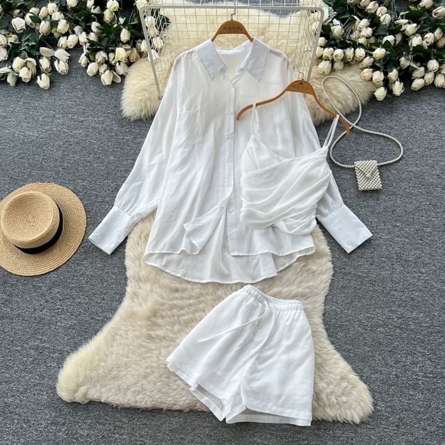 Set: Long-Sleeve Pocket Front Shirt + Ruched Asymmetrical Camisole + Drawstring Shorts