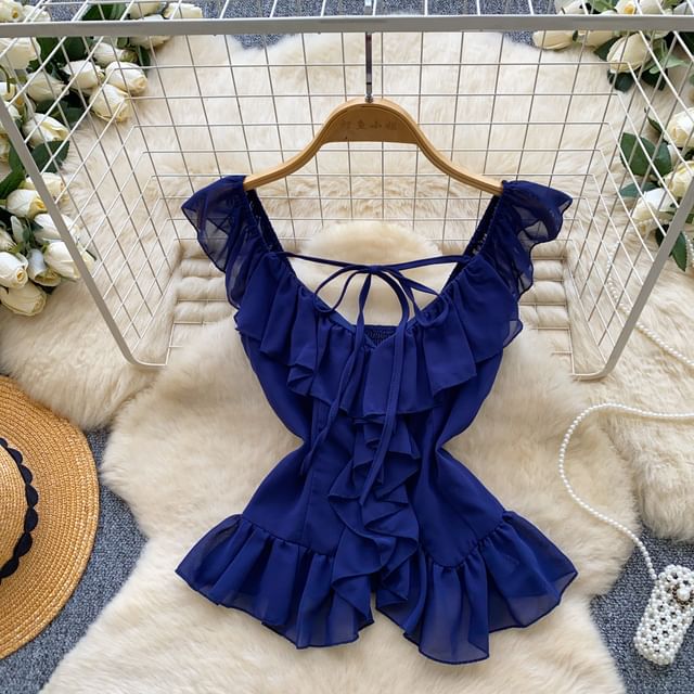 Sleeveless V-Neck Plain Ruffle Blouse