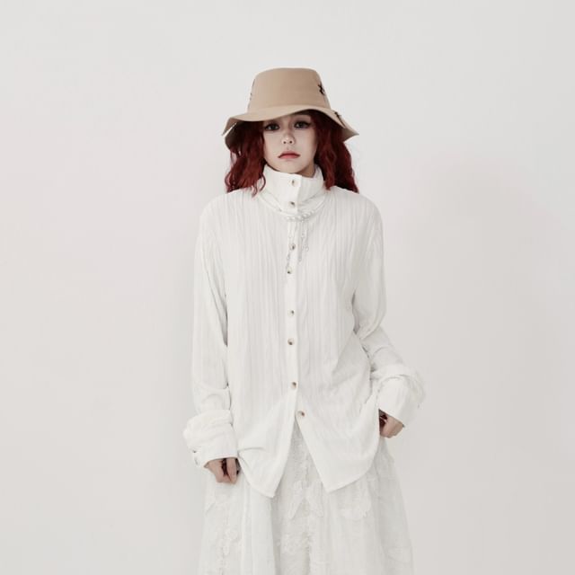 Long-Sleeve Stand Collar Ribbed Shirt