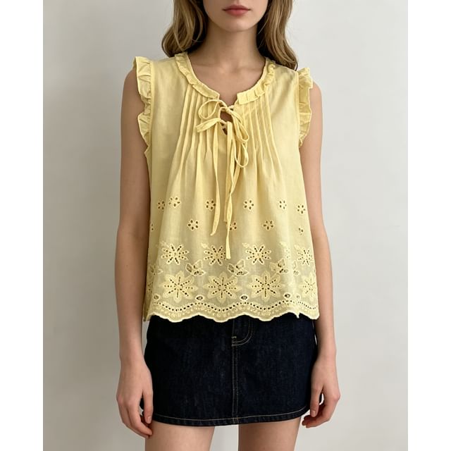 Scoop Neck Ruffled-Trim Tie-Front Eyelet Loose-Fit Tank Top
