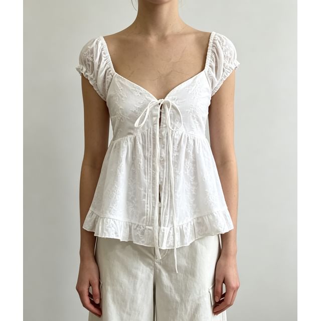 Puff Sleeve Sweetheart Neckline Blouse with Tie-Front Ruffled Hem