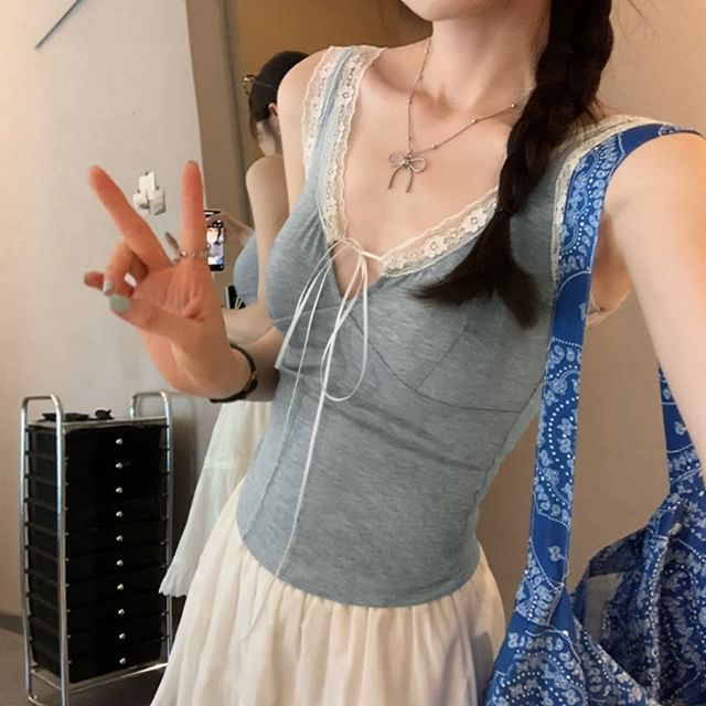 Lace Trim V-Neck Top, Sleeveless