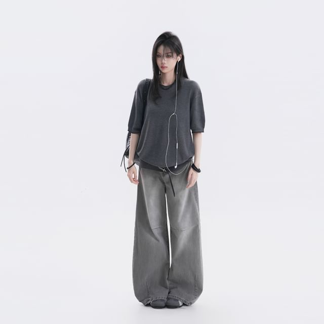 Oversized Crew Neck Knit Top, Elbow Sleeve