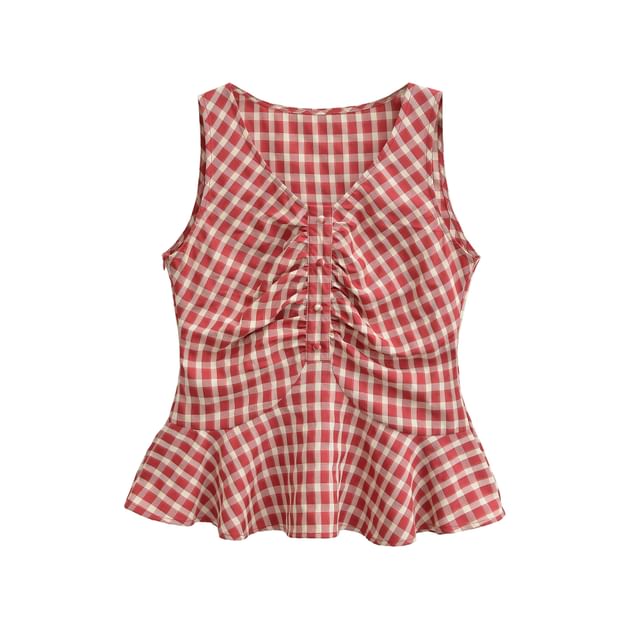 Plaid Ruched Ruffle Trim V-Neck Sleeveless Top