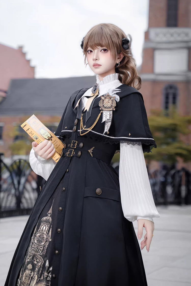 Long Sleeves Gothic Vintage Dress with Printed Embroidery and College Style - Dragon’s Aria