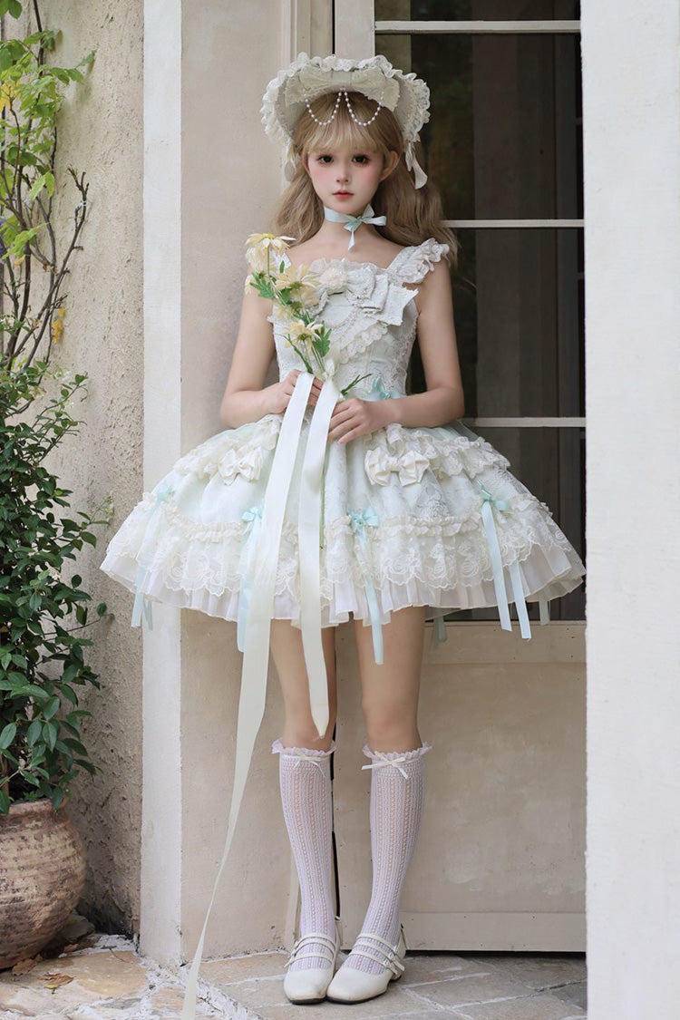 Green Blossoming Heart Love Sleeveless Dark Jacquard Print Bow Lace Sweet Lolita Jsk Dress