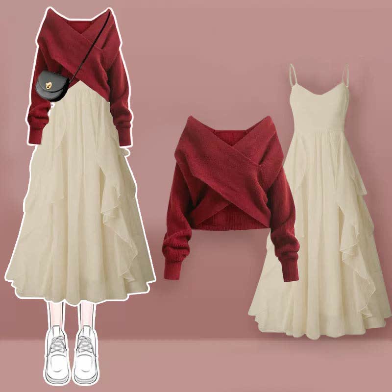 Sweater Slip Two Pieces Flouncing Dress Knit Cross