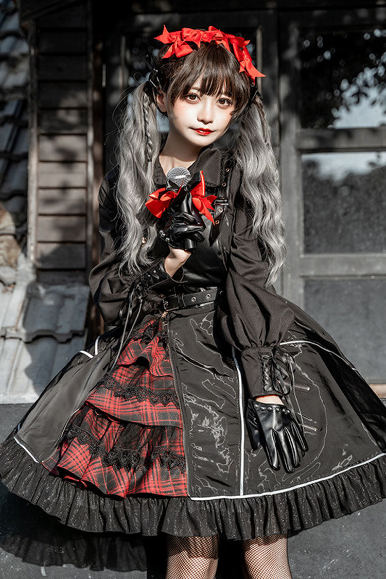 Black Zippered Gothic Lolita JSK Dress with Ruffled Multi-Layer Cardigan