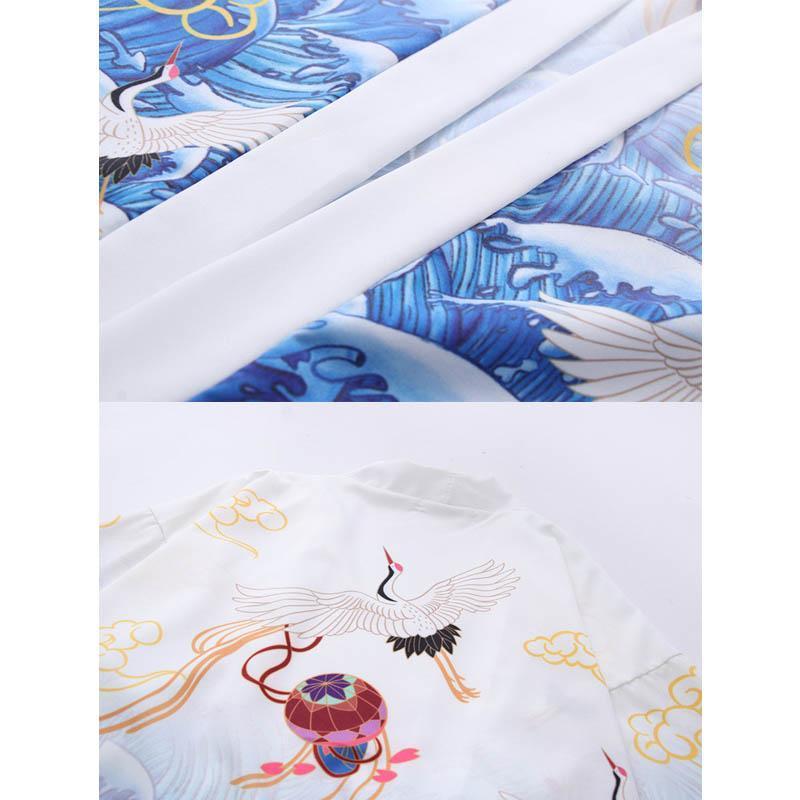 Kimono-Oberbekleidung mit Kranich-Print und Gürtel zum Sonnenschutz