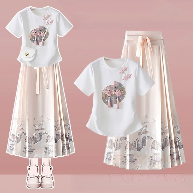 Skirt T-shirt Pieces Set Tassels Buckle Horse-face Two Vintage