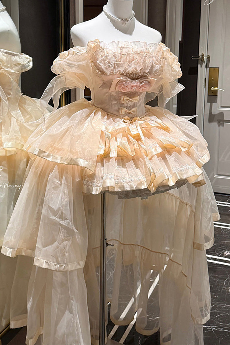 Rose Mousse Love Song Off Shoulder Sleeveless Triple Ruffled Bride Bow Elegant Ballet Short Set