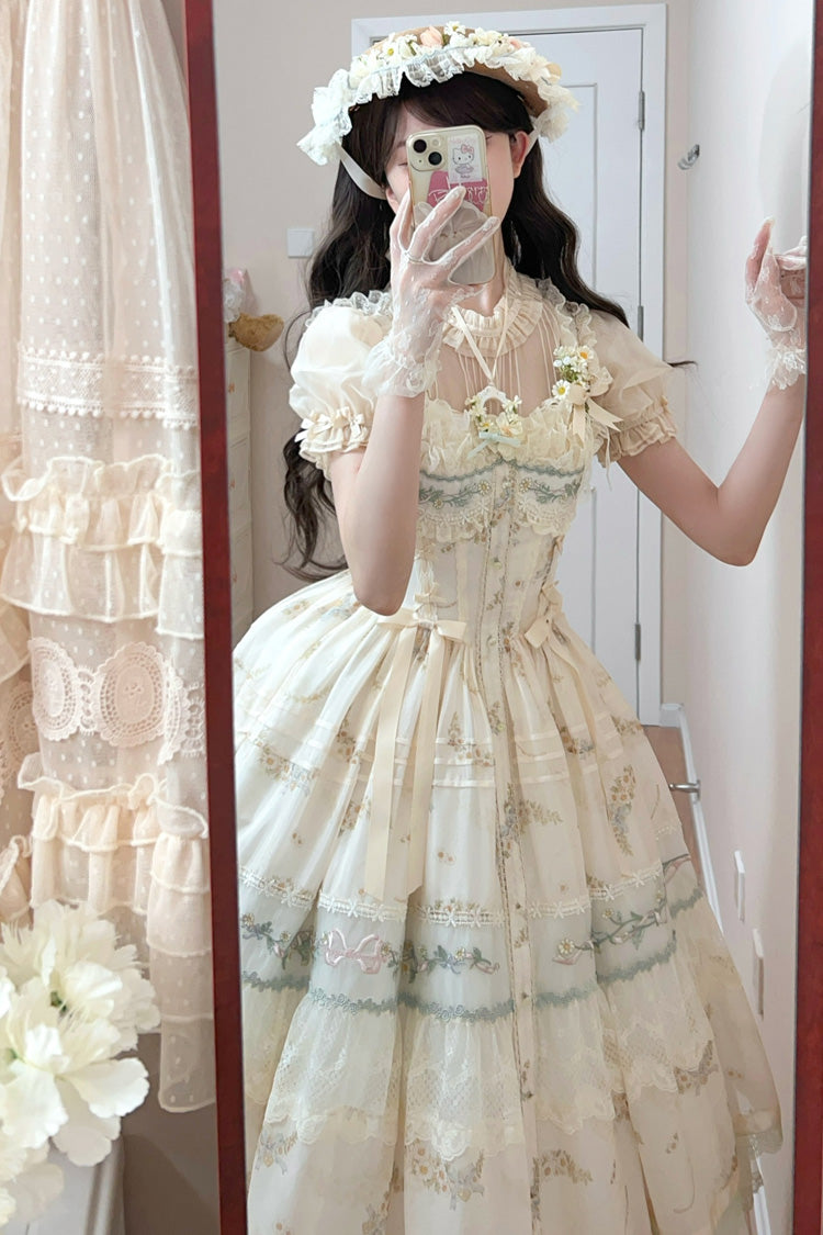 Multicolor Daisy Poetry Print Ruffle Lace JSK Dress
