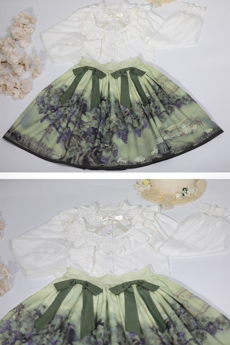 Green Grapes Vines Print Bowknot Lolita Skirt