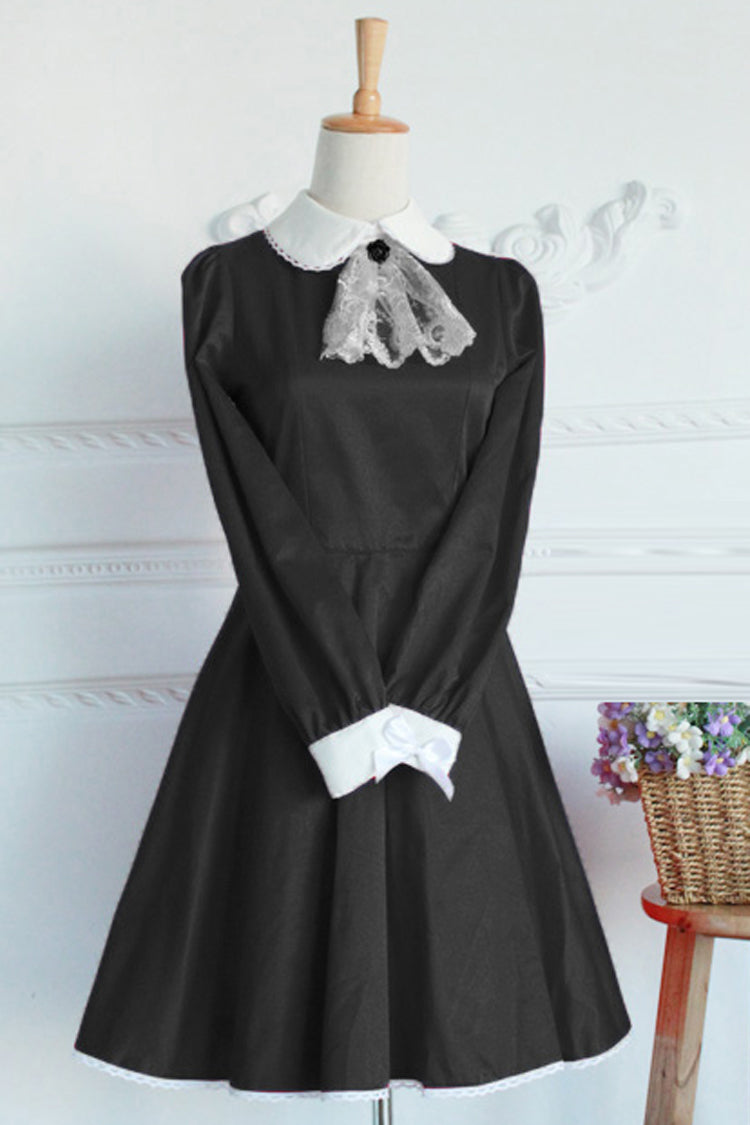 Black Cotton Gothic Lolita Dress with Doll Collar and Lace Sleeves