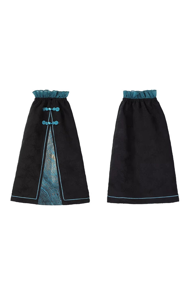 Cut-Out Embroidered Chinese Style Jumper Dress - Black/Blue Misty Teal