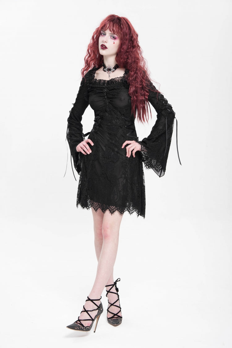 Square Collar Trumpet Sleeve Embroidered Lace-Up Gothic Dress