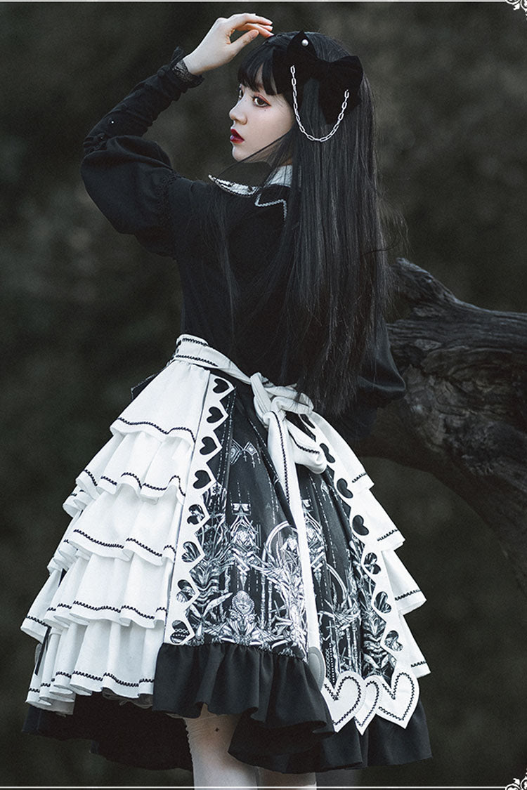 Retro Dark Eye-Print Op Dress with Love Motif - Kawaii