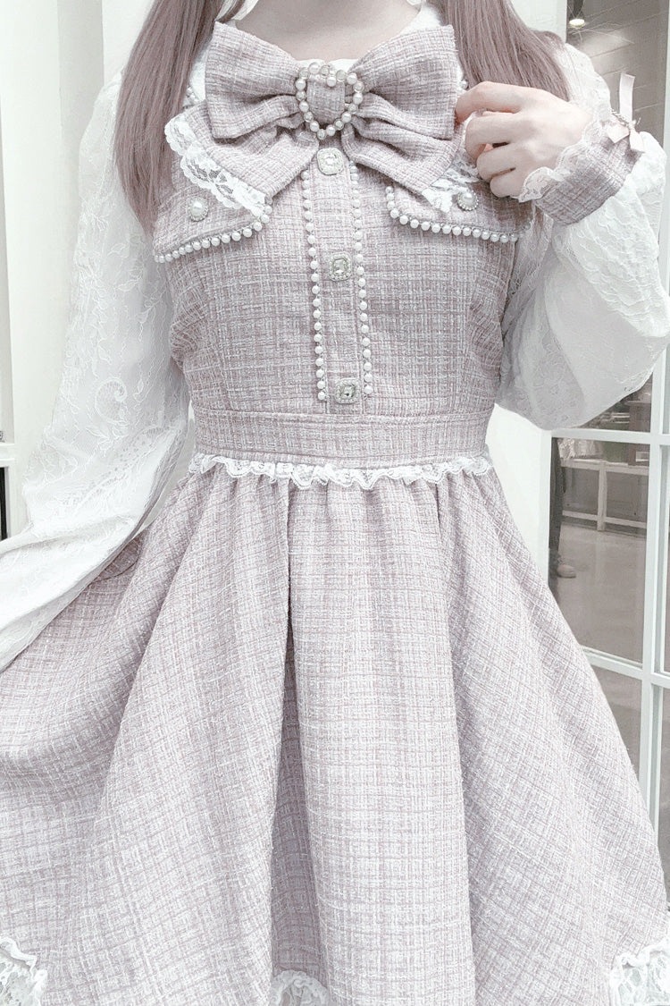 Grey Pink Bow Lace Pearl Sweet Dress