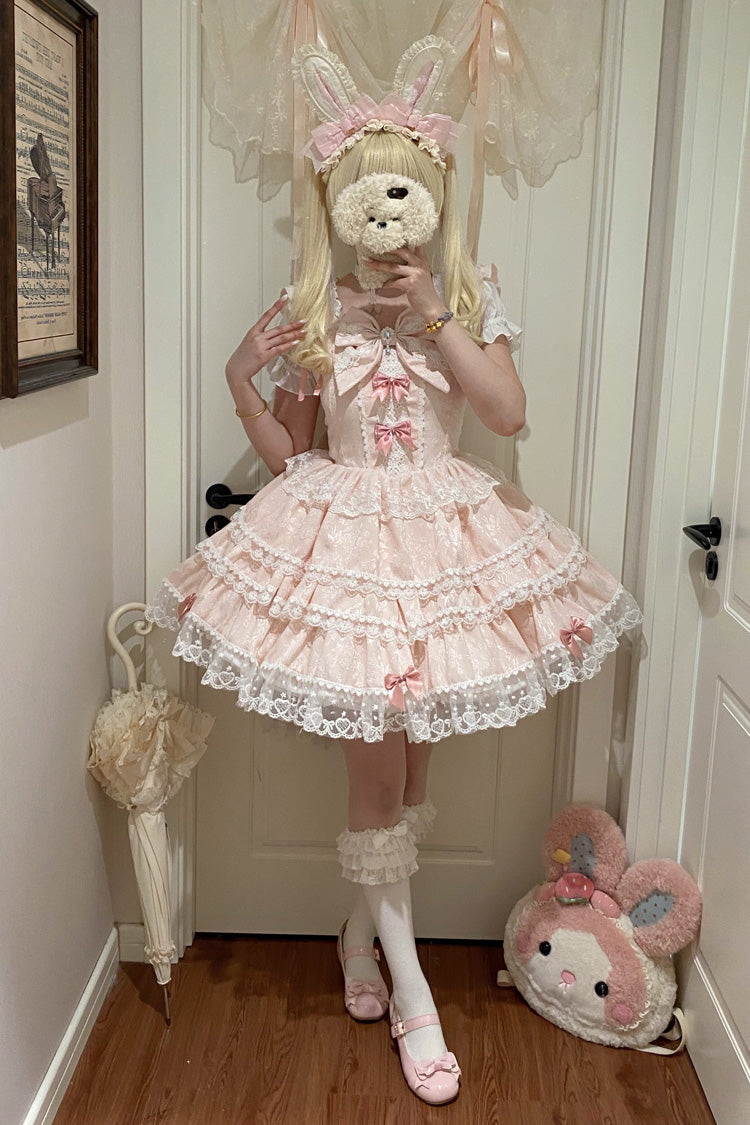 Pink Sweet Mist Cherry Romance Sleeveless Multi Layer Hanayome Bow Lace Lolita JSK