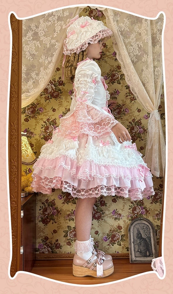 Pink Bow Accents White High Waist Sweet Princess Lolita Dress with Detachable Sleeves
