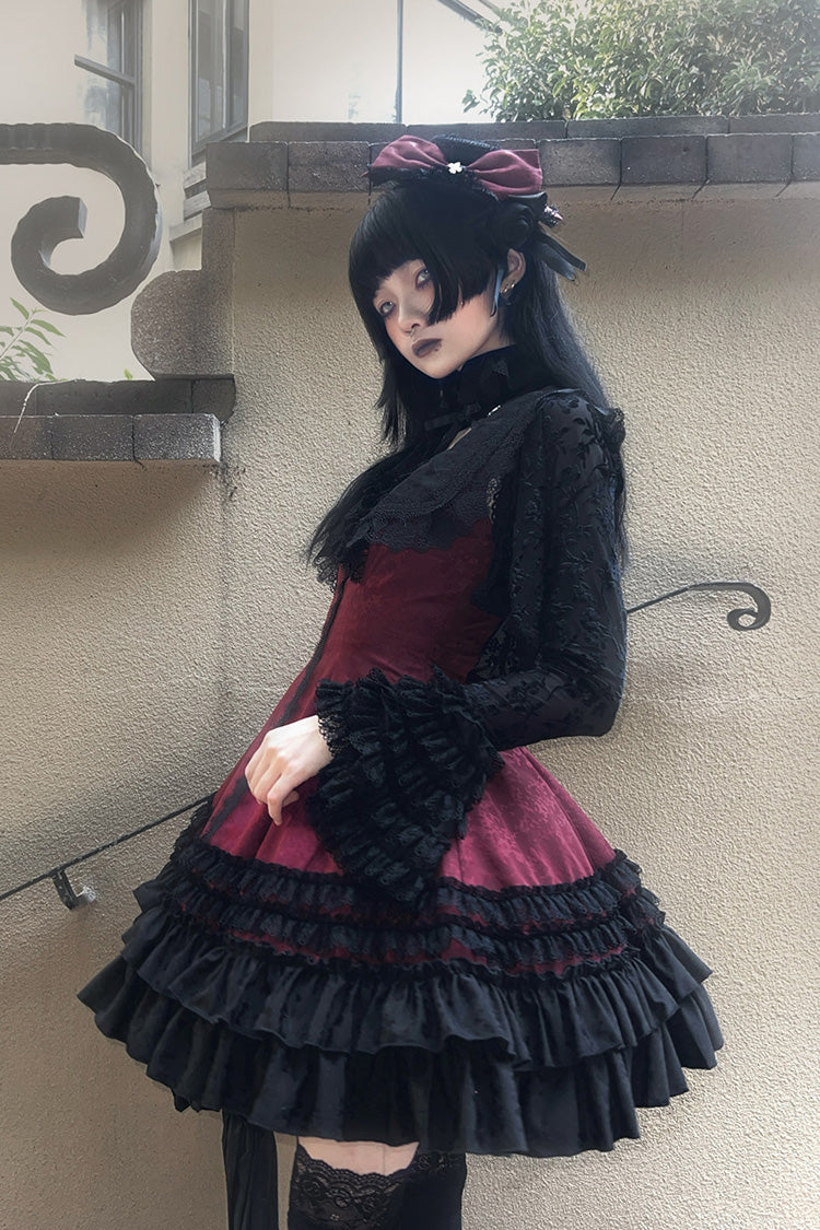 Double-Layered Striped Printed Gothic Jumper Dress with Jacquard Ruffles - Escape