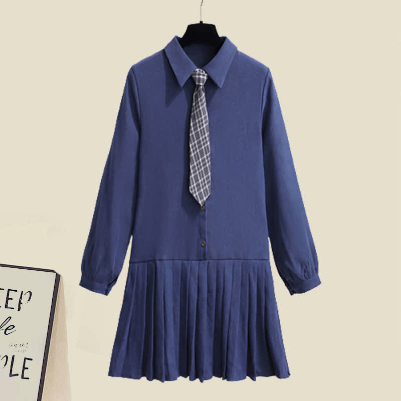 Knit Tie Dress Set Lapel Preppy Shirt style Vest Pleated