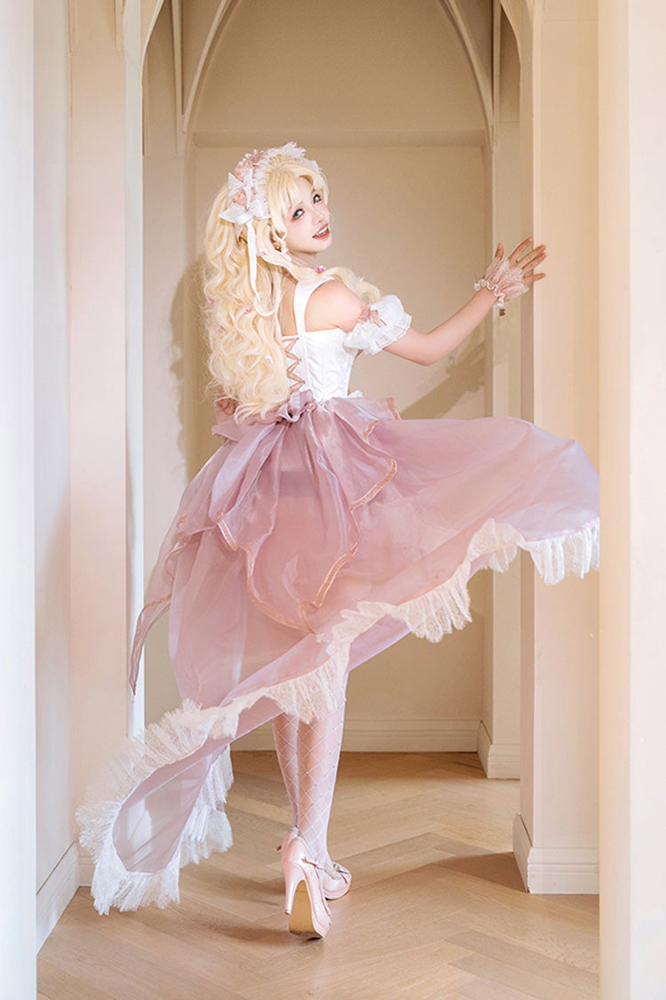 Pink Purple Rose Memoirs Sleeveless Multi-Layer Bow Lace Sweet Lolita Skirt Set