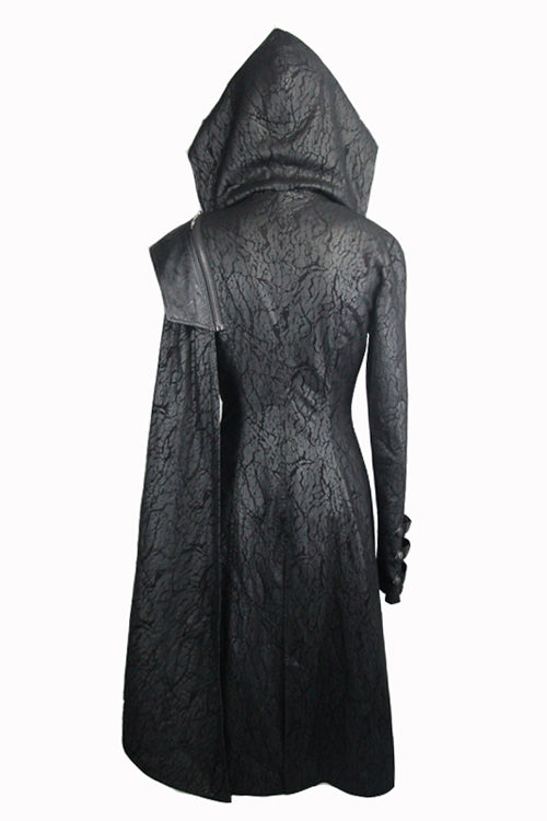 Hooded Shawl Collar Gothic Pattern Faux Leather Long Coat