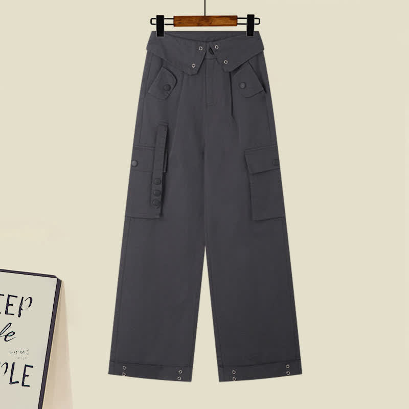 Cargo Knit Tank Crop Casual Sweater Top Pants Pockets Lapel