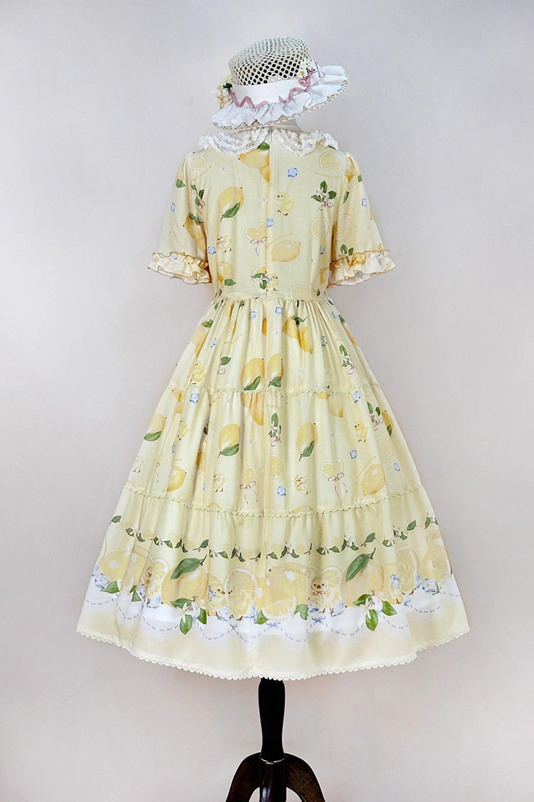 Lemon Chicken Short Sleeve Print Ruffle Bow Lace Daily Sweet Lolita Gown in Yellow