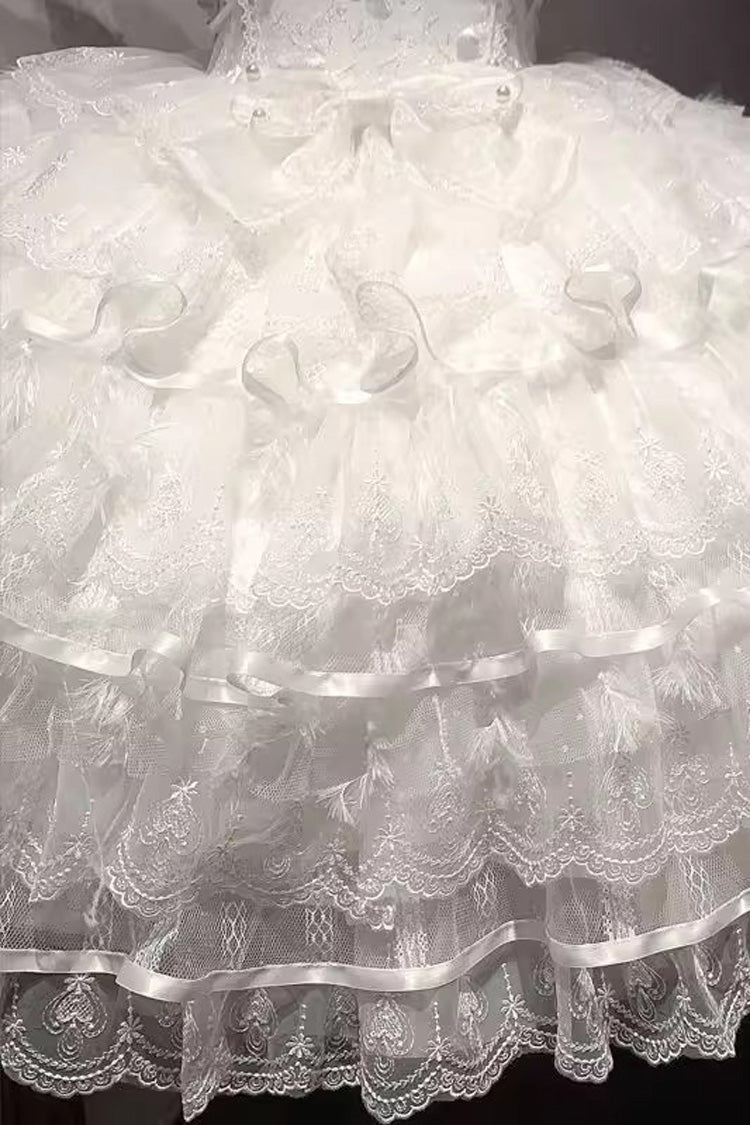 White Feathers Ballad Sleeveless Multi-Layered Ruffle Hanayome Bow Sweet Lolita Jsk Dress