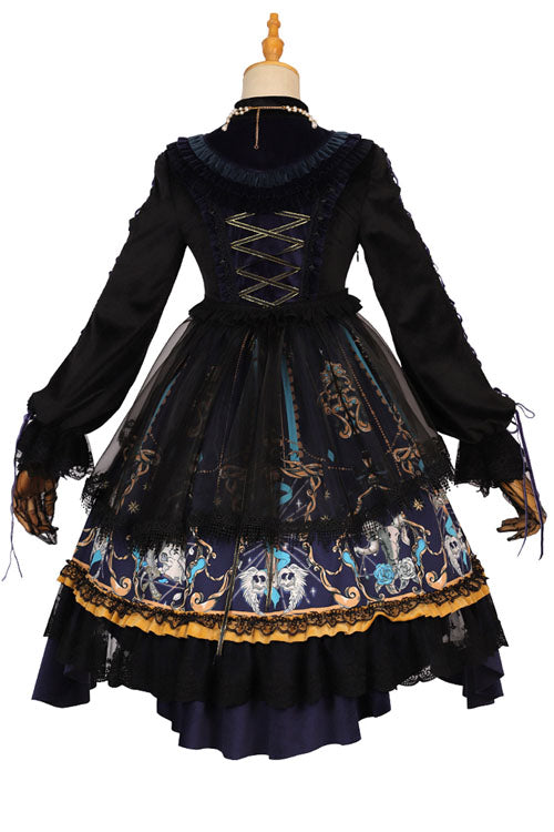 Black Gothic Lolita OP Dress with Lace Ruffled Long Sleeves