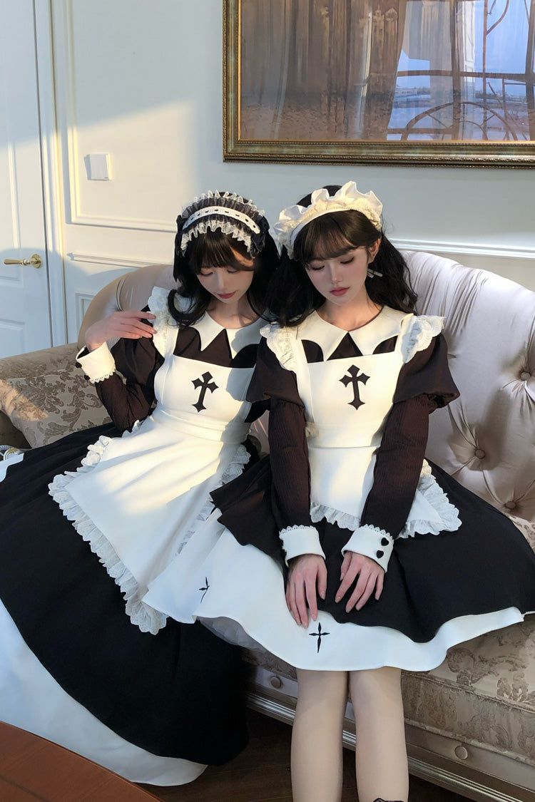 Black and White Asymmetrical Ruffled Nun Gothic Maid Dress with Lapel Collar - GothicLolita