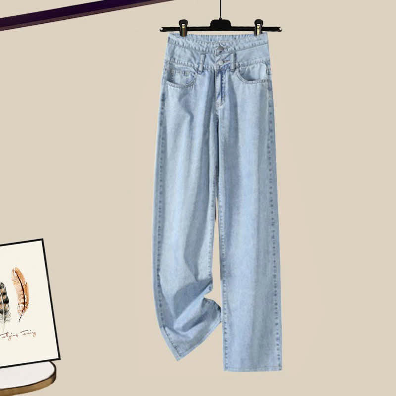 Denim Cardigan Sweater Lapel Shirt Pants Blue Letter Set