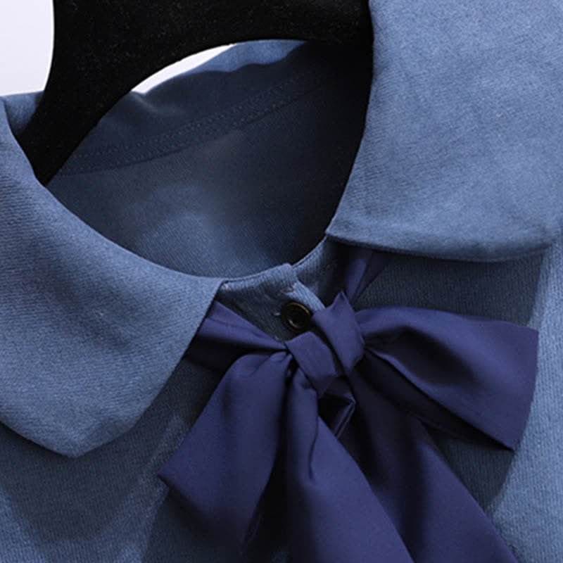 Knit Bow Lapel Blue Sweater Dress A-line Tie