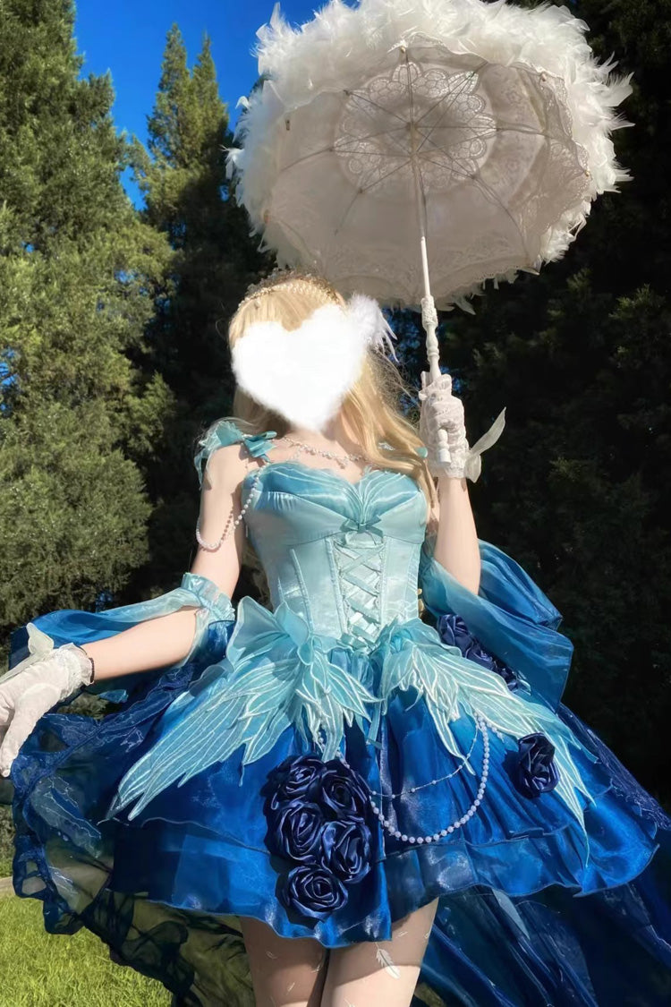 Undersea Blue Sweet Ballet Lolita Swan Wonderland Embroidery Lace-Up Mini JSK Dress