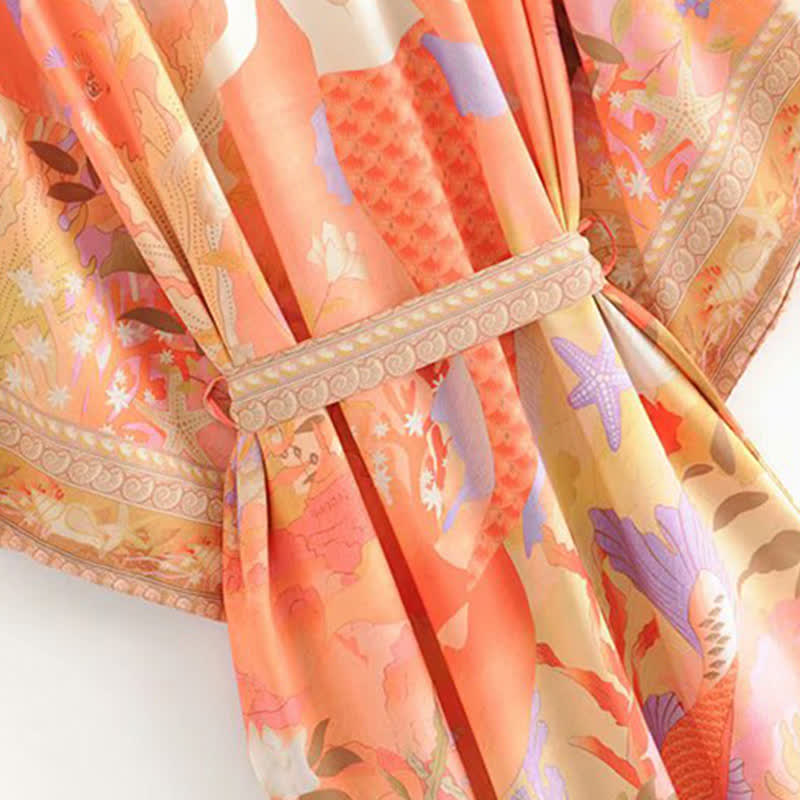 Geblümter Pfauen-Meerjungfrauen-Druck Robe Lange Strickjacke Oberbekleidung