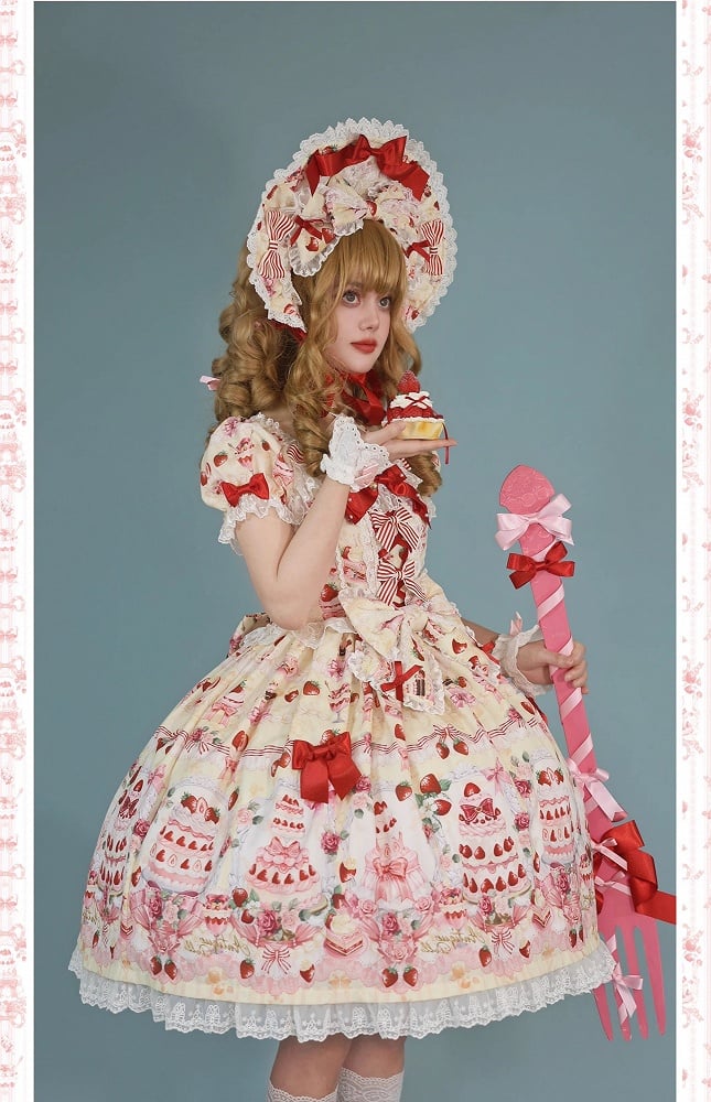 Strawberry Cake Print Yellow Sweet Bow Accents Lolita Dress / Full Set