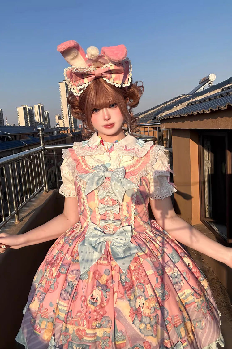 Pink Rainbow Buffy Bunny Sleeveless Double Layer Ribbon Doll Print Ruffle Bow Sweet Lolita JSK Set