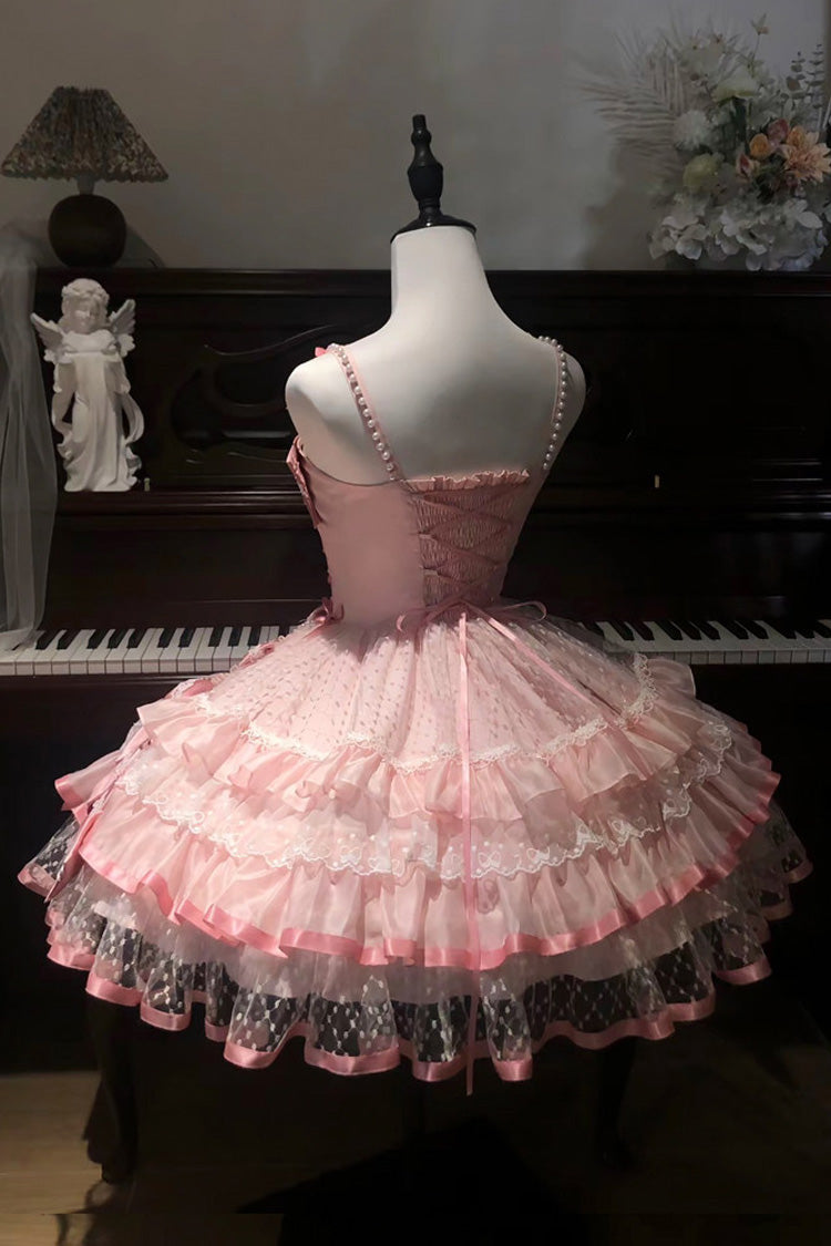 Pink Sleeveless Triple Ruffled Bow Pearl Lace Sweet Lolita Jumper - Love of Gemstones