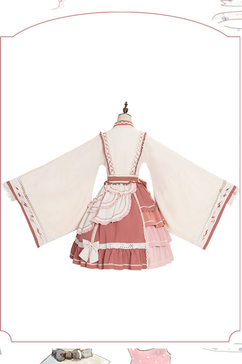 Multi-Layered Ruffled Wide-Sleeved Sweet Lolita OP Dress in Beige and Pink
