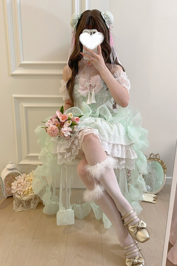 Emerald Rain and Flowers Halterneck Jacquard Bowknot Lace Sweet Lolita JSK