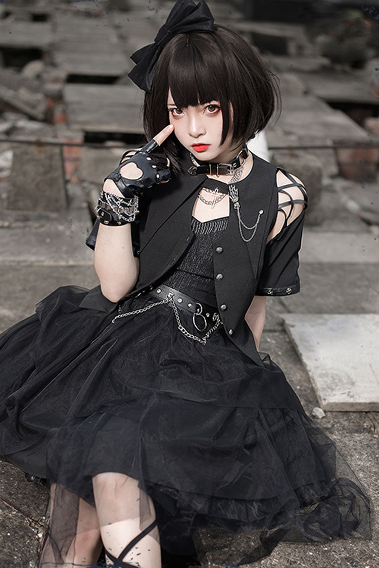 Black Sleeveless Punk JSK Dress with Crow Motif - Gothic Lolita