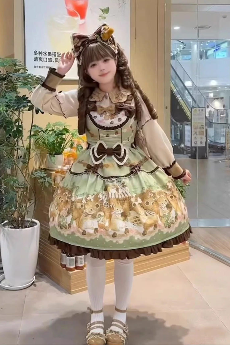 Emerald Printed Ruffled Bow Lolita JSK w/ Blouse - Squirrel Chocolate