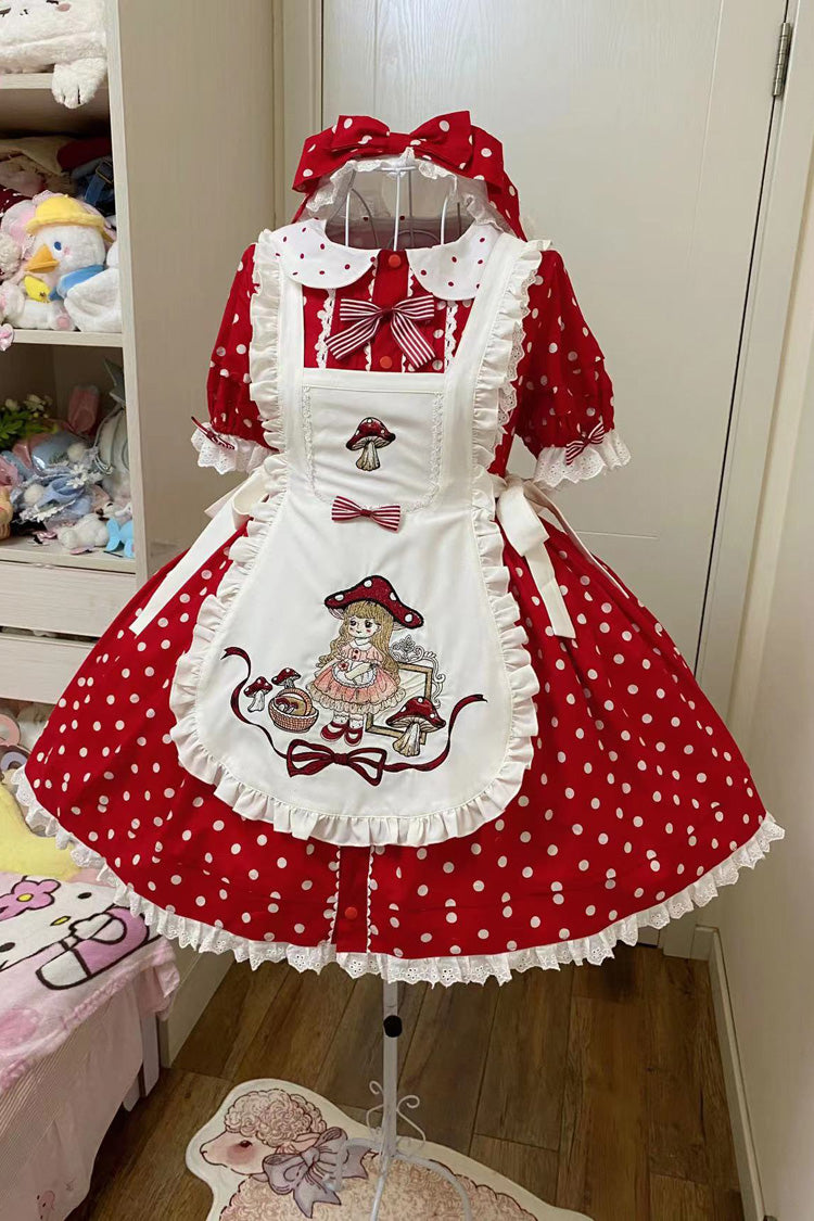 Red and White Doll-Collar Short-Sleeved Mushroom Princess Printed Polka Dot Ruffled Sweet Lolita Dress