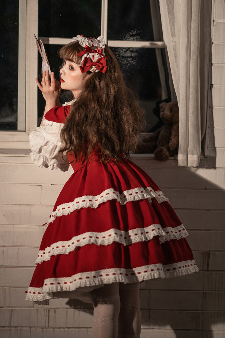 Red Antique Dolls Sweet Lolita Triple-Layered Bowknot JSK Dress